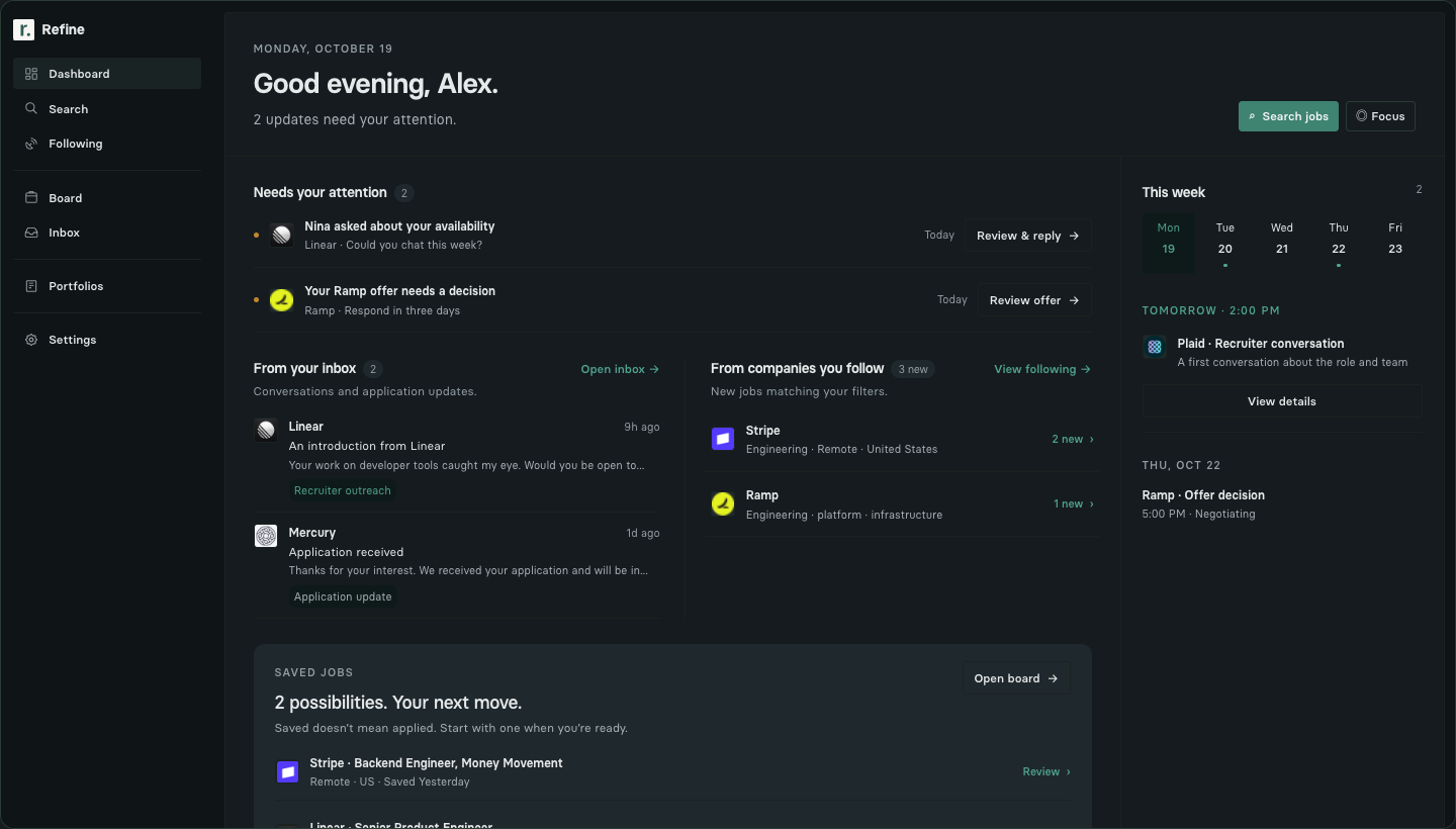 Refine’s job-search dashboard
